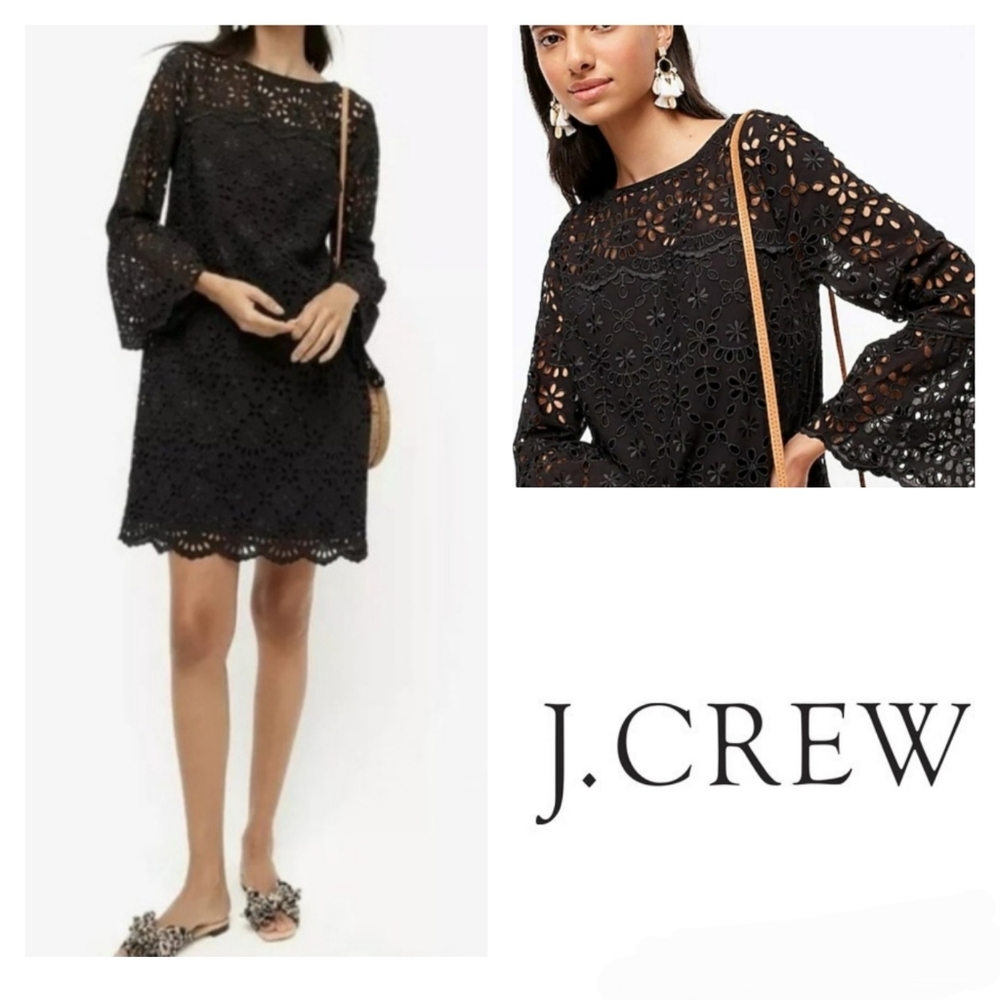 J. Crew Black Eyelet Ruffle Sleeve Dress Size 00 XXS NEW NWT
